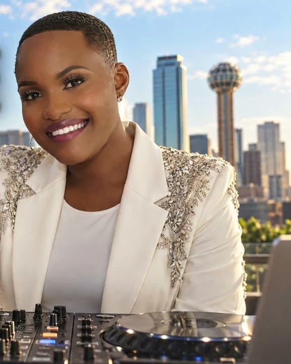 DJ B Velour in a white jacket at her decks, with Reunion Tower and the Dallas skyline behind her