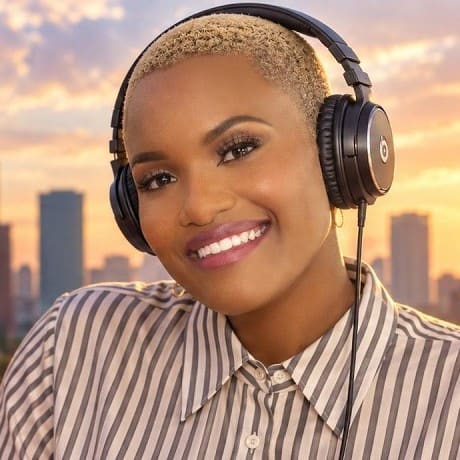 DJ B Velour in headphones, smiling, with the Dallas skyline at sunset behind her